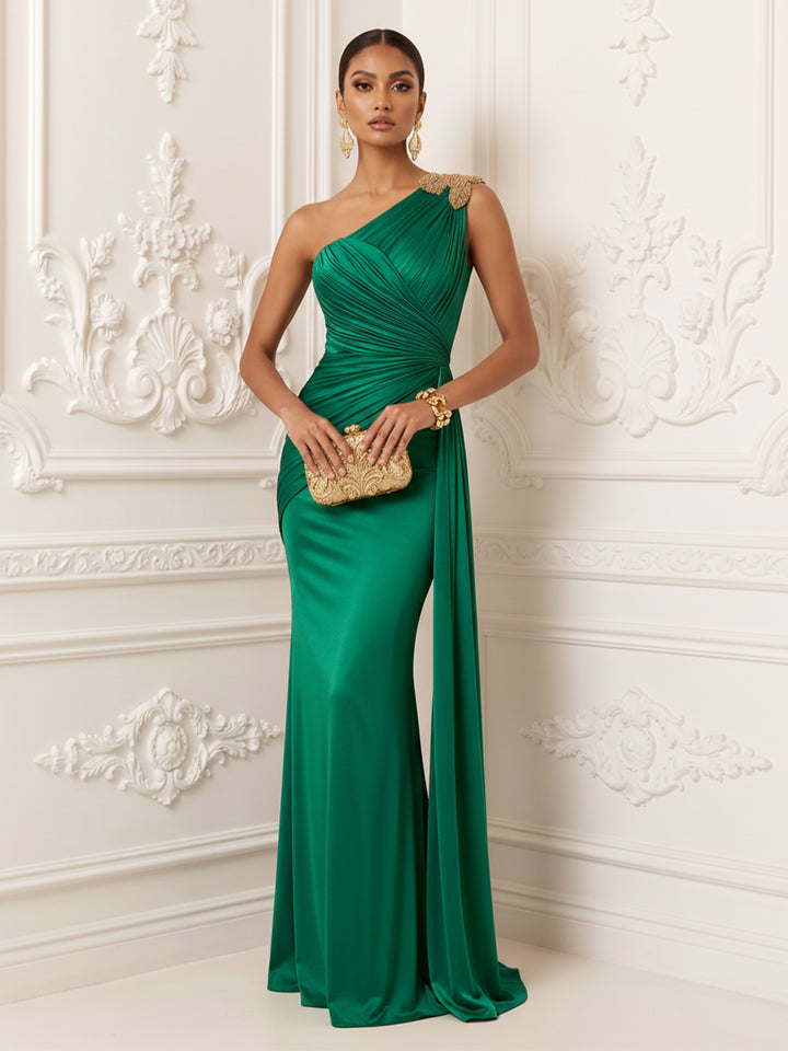 Satin Mermaid One Shoulder Ruched Draped Sash Evening Dresses