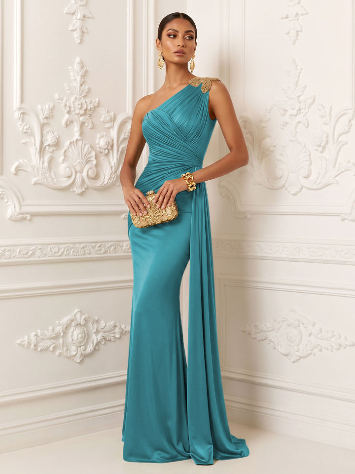 Satin Mermaid One Shoulder Ruched Draped Sash Evening Dresses