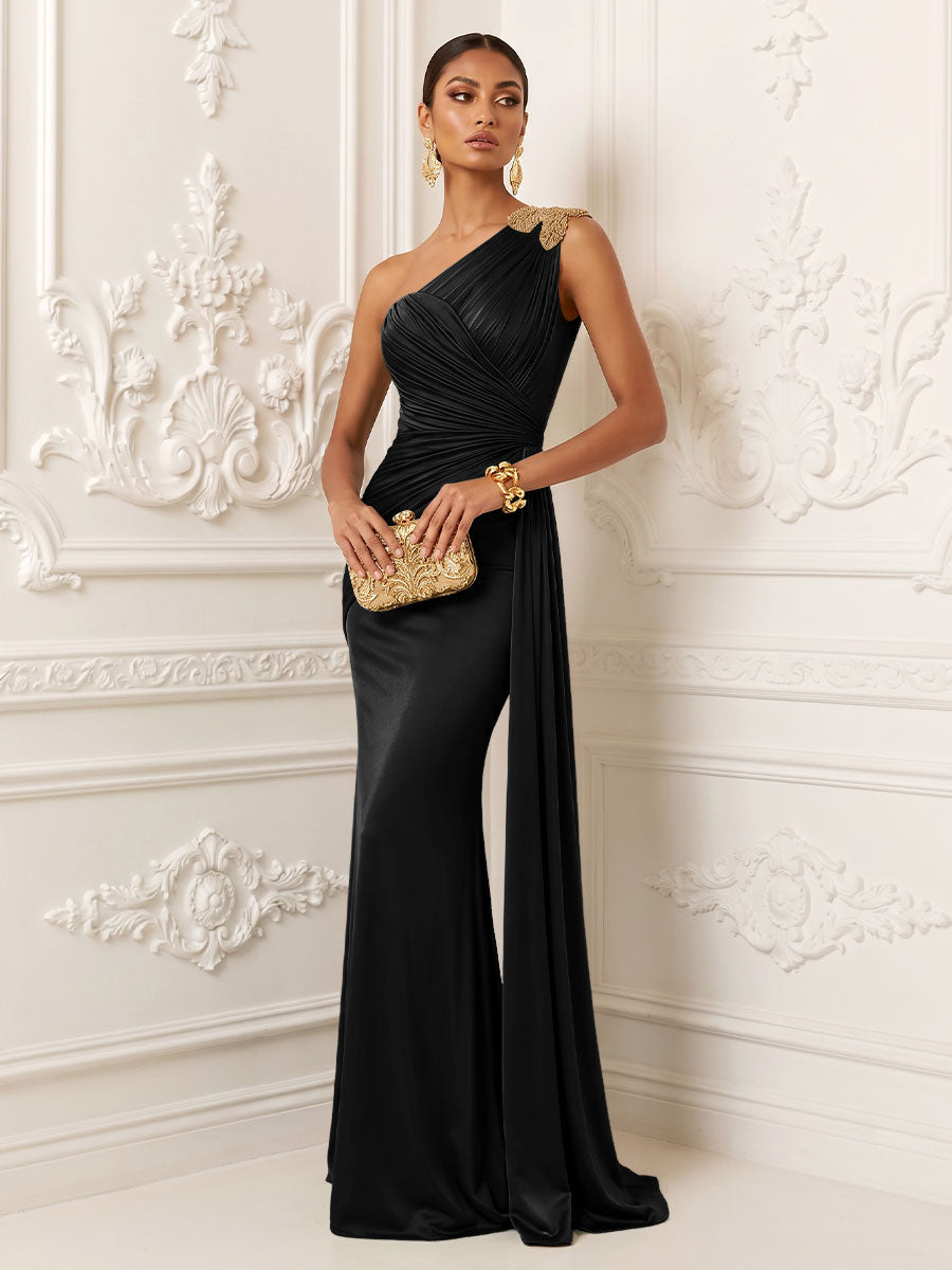 Satin Mermaid One Shoulder Ruched Draped Sash Evening Dresses