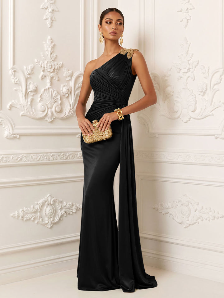 Satin Mermaid One Shoulder Ruched Draped Sash Evening Dresses