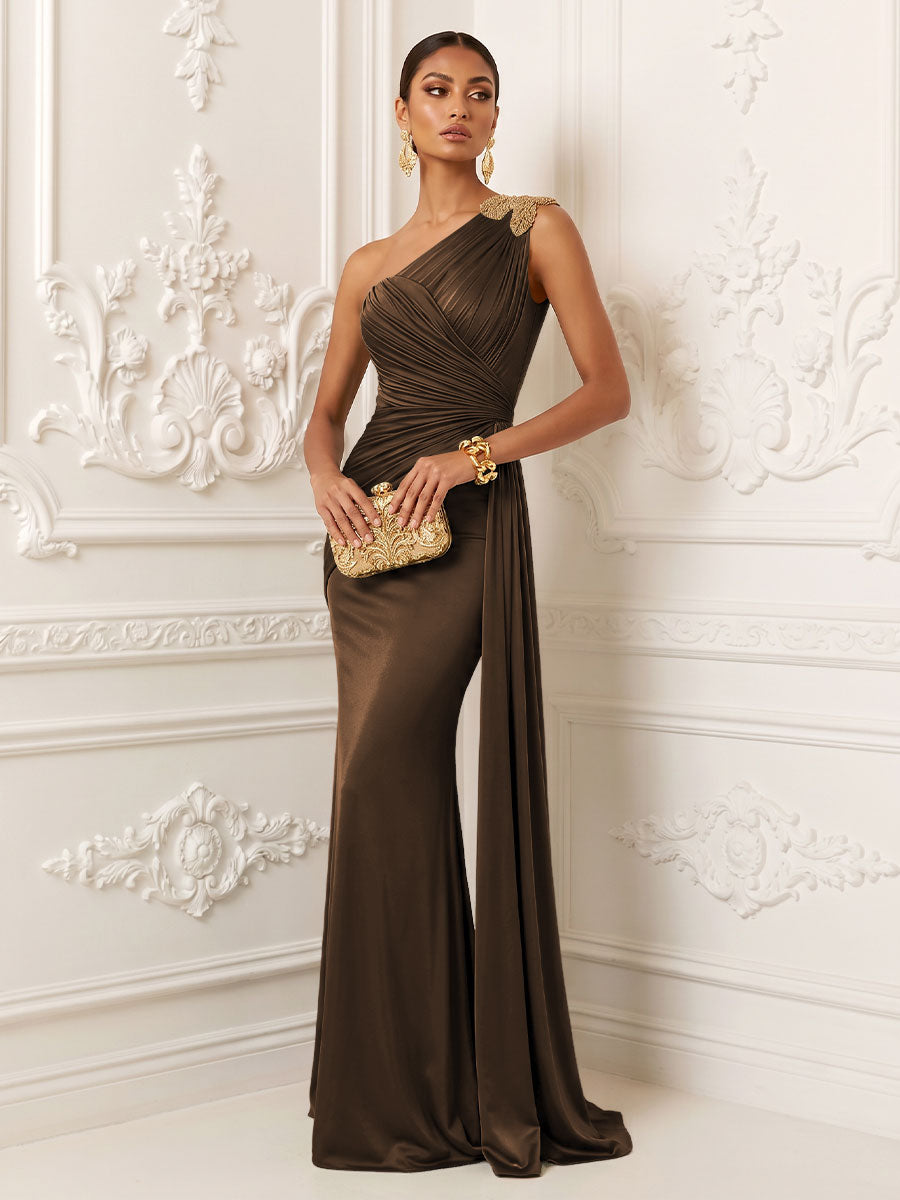 Satin Mermaid One Shoulder Ruched Draped Sash Evening Dresses