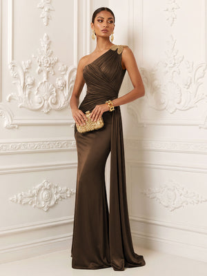 Satin Mermaid One Shoulder Pleats Ruffles Evening Dresses