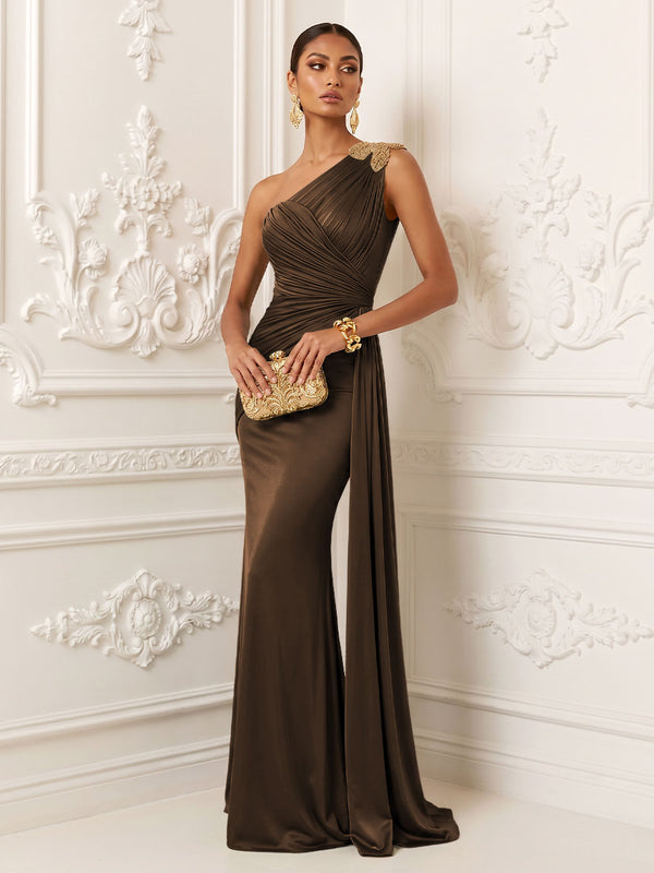 Satin Mermaid One Shoulder Pleats Ruffles Evening Dresses