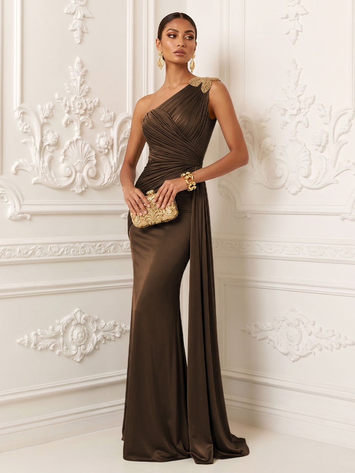 Satin Mermaid One Shoulder Ruched Draped Sash Evening Dresses