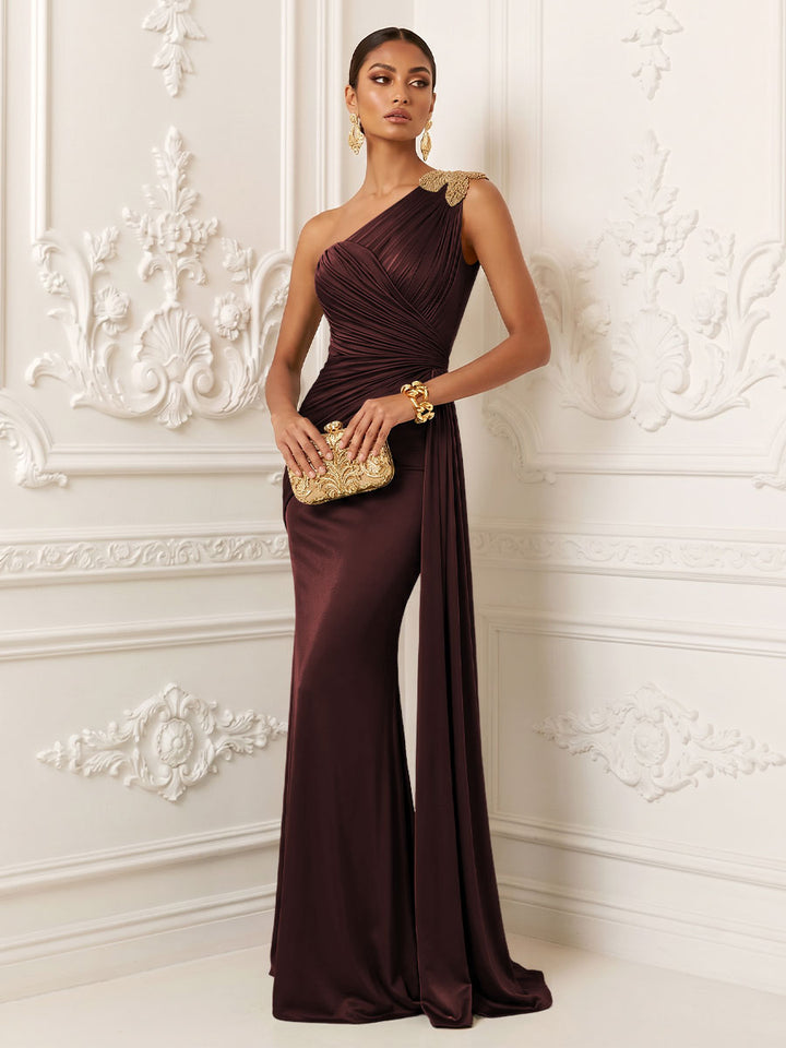 Satin Mermaid One Shoulder Ruched Draped Sash Evening Dresses
