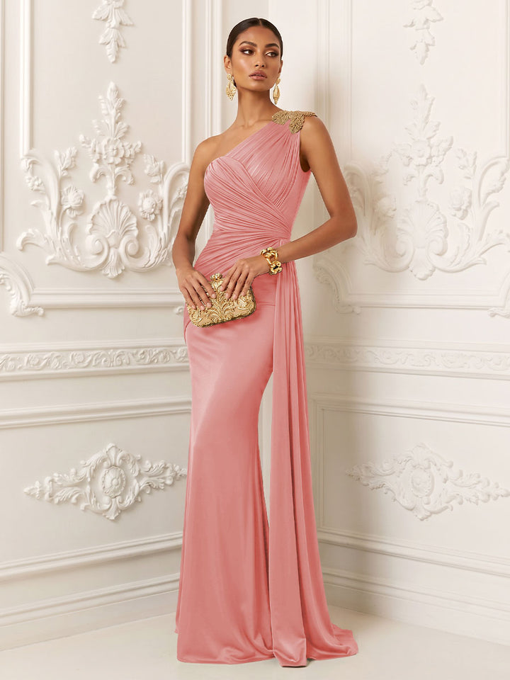 Satin Mermaid One Shoulder Ruched Draped Sash Evening Dresses