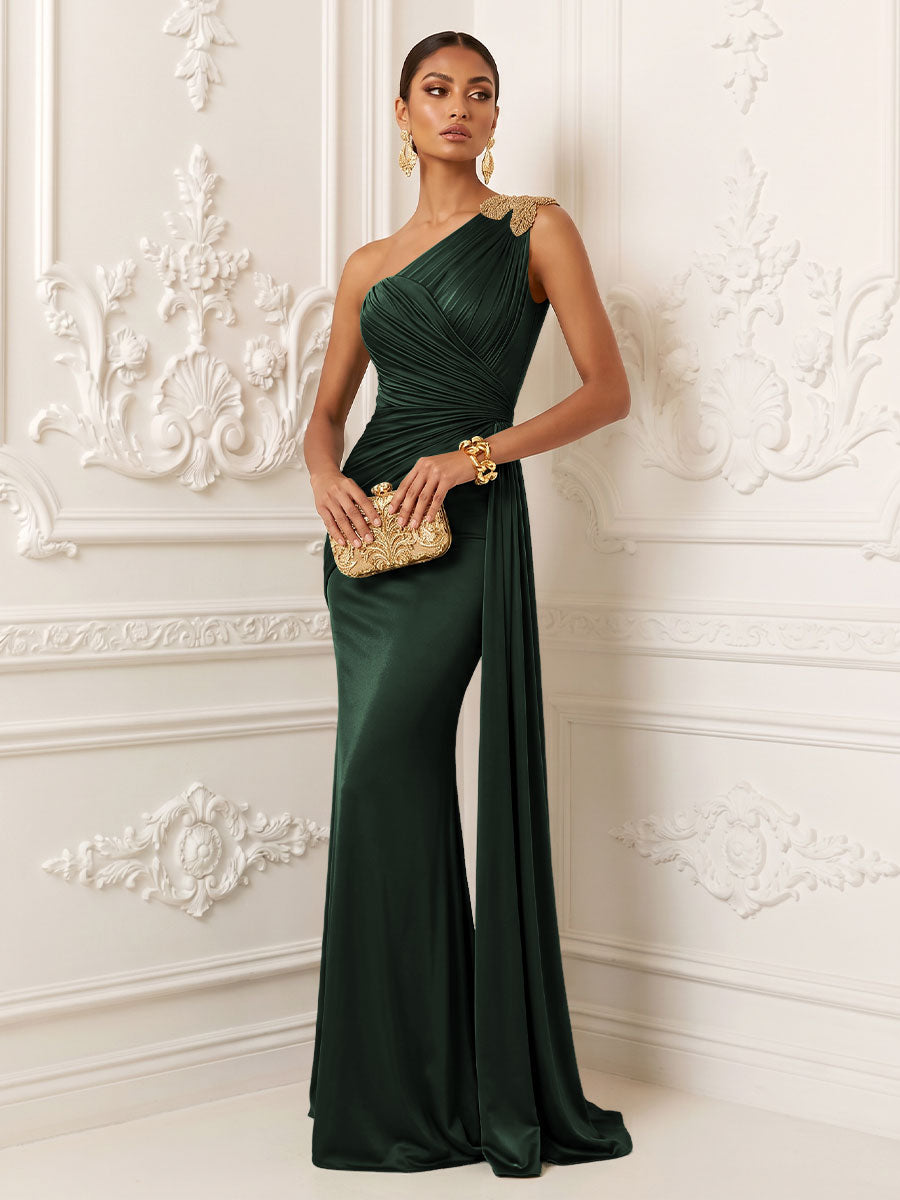Satin Mermaid One Shoulder Ruched Draped Sash Evening Dresses
