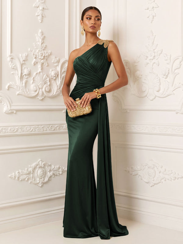 Satin Mermaid One Shoulder Pleats Ruffles Evening Dresses