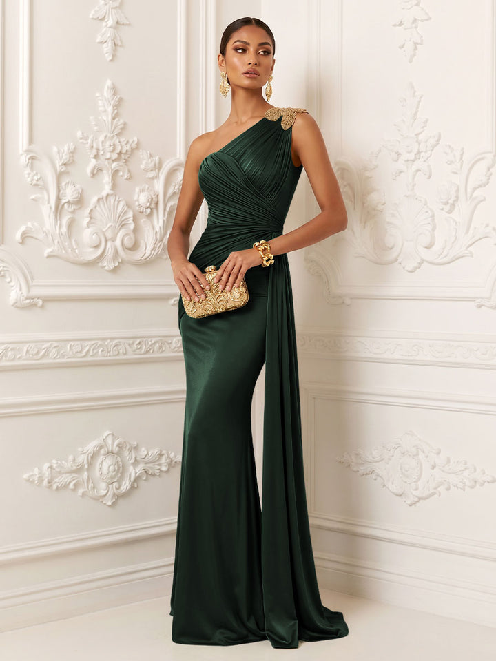 Satin Mermaid One Shoulder Ruched Draped Sash Evening Dresses