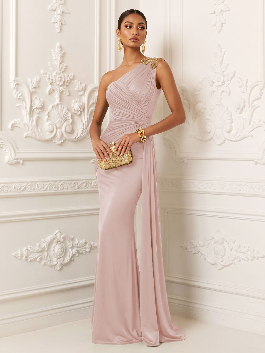 Satin Mermaid One Shoulder Ruched Draped Sash Evening Dresses
