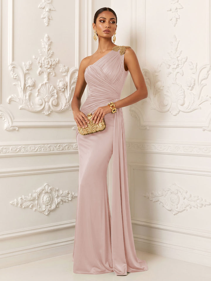 Satin Mermaid One Shoulder Ruched Draped Sash Evening Dresses