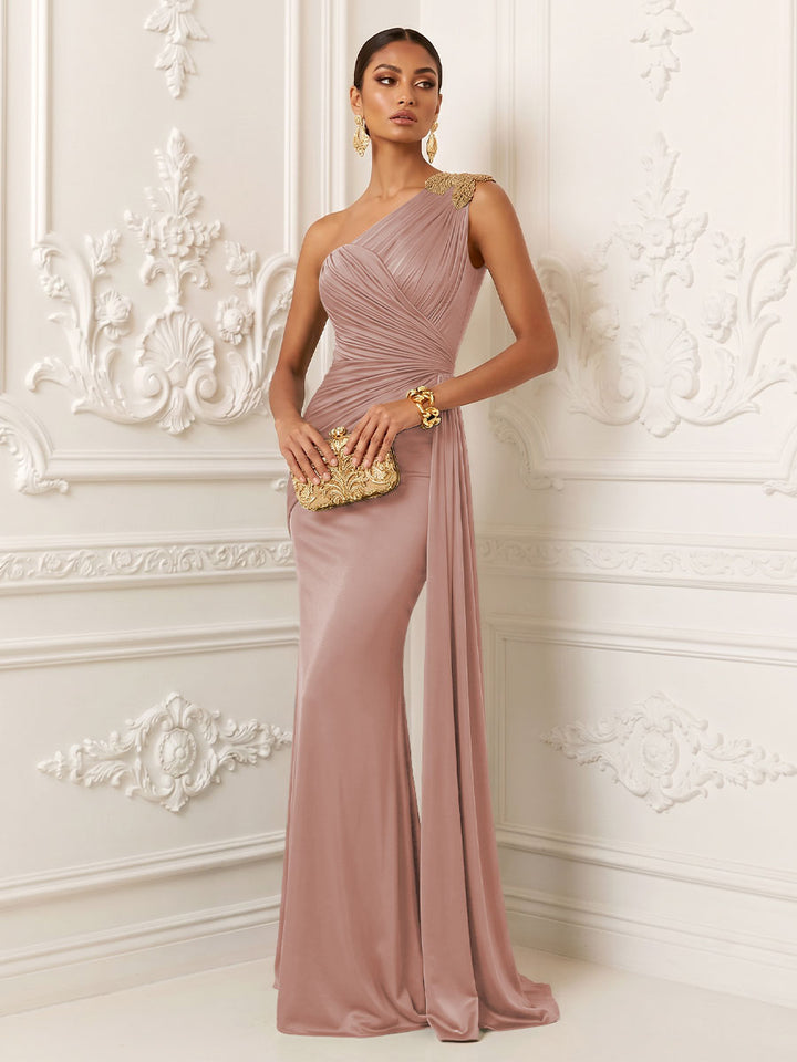 Satin Mermaid One Shoulder Ruched Draped Sash Evening Dresses