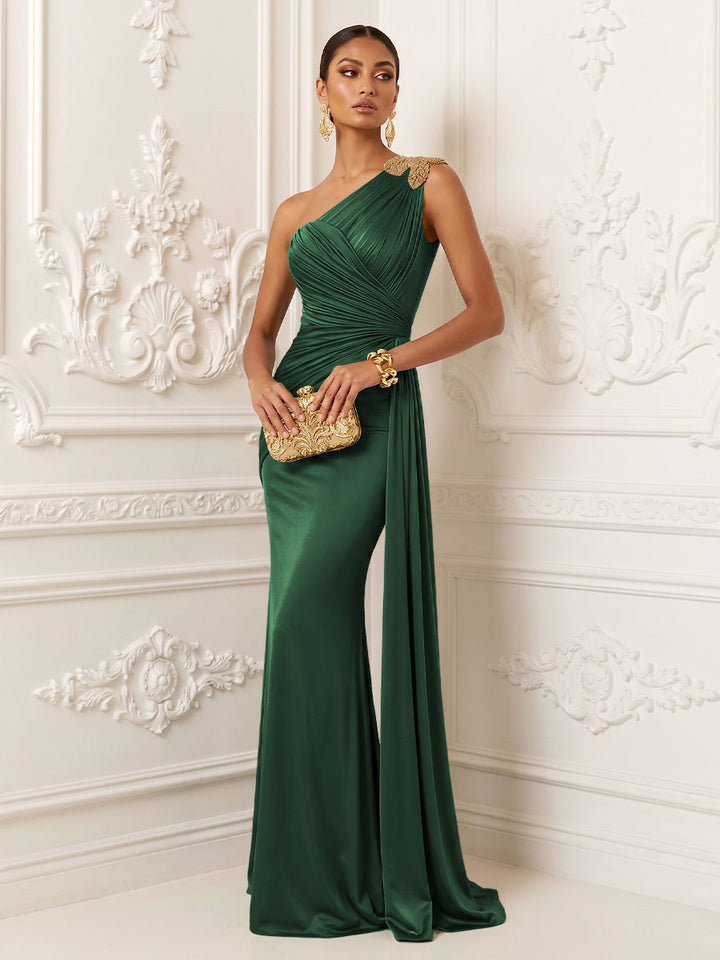 Satin Mermaid One Shoulder Ruched Draped Sash Evening Dresses