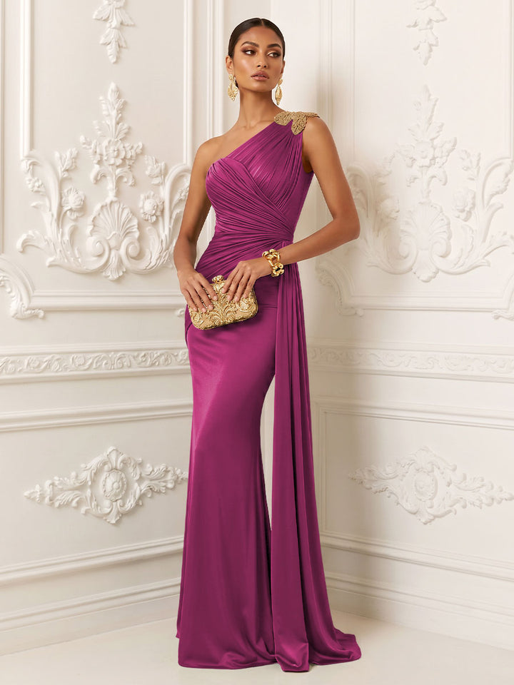 Satin Mermaid One Shoulder Ruched Draped Sash Evening Dresses