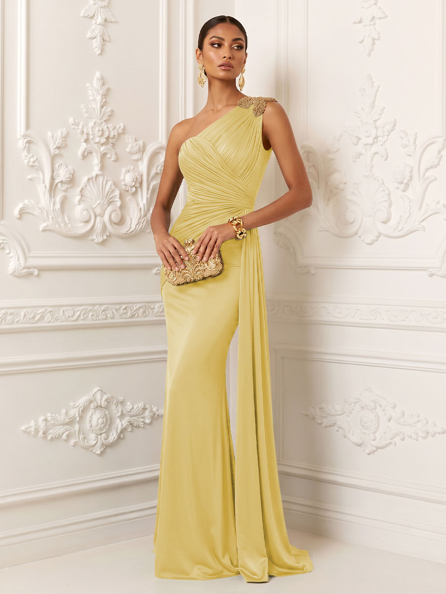 Satin Mermaid One Shoulder Ruched Draped Sash Evening Dresses