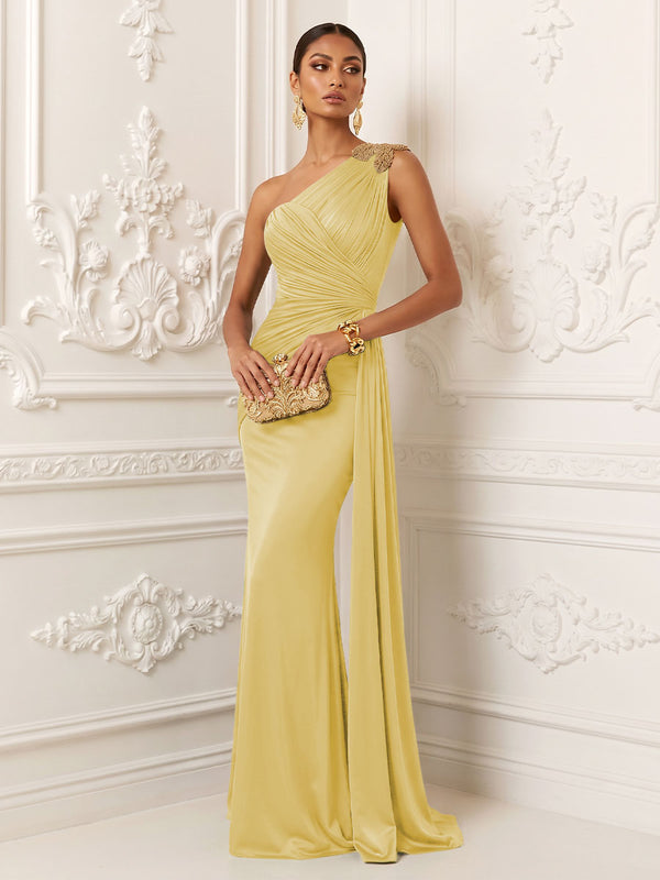 Satin Mermaid One Shoulder Pleats Ruffles Evening Dresses