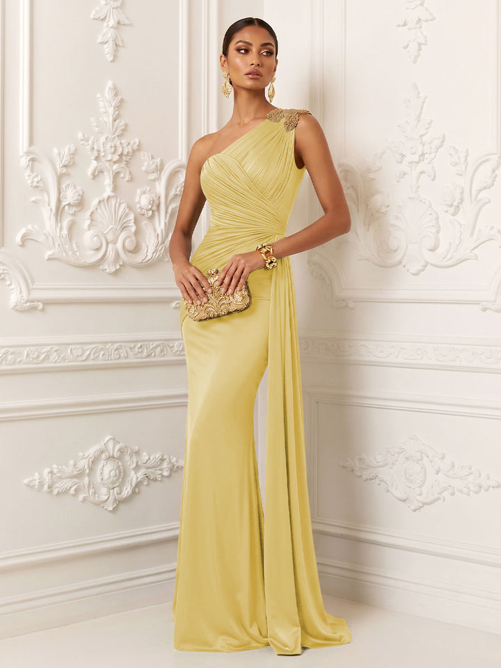 Satin Mermaid One Shoulder Ruched Draped Sash Evening Dresses