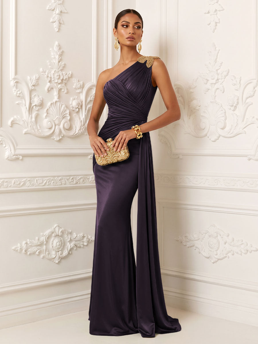 Satin Mermaid One Shoulder Ruched Draped Sash Evening Dresses