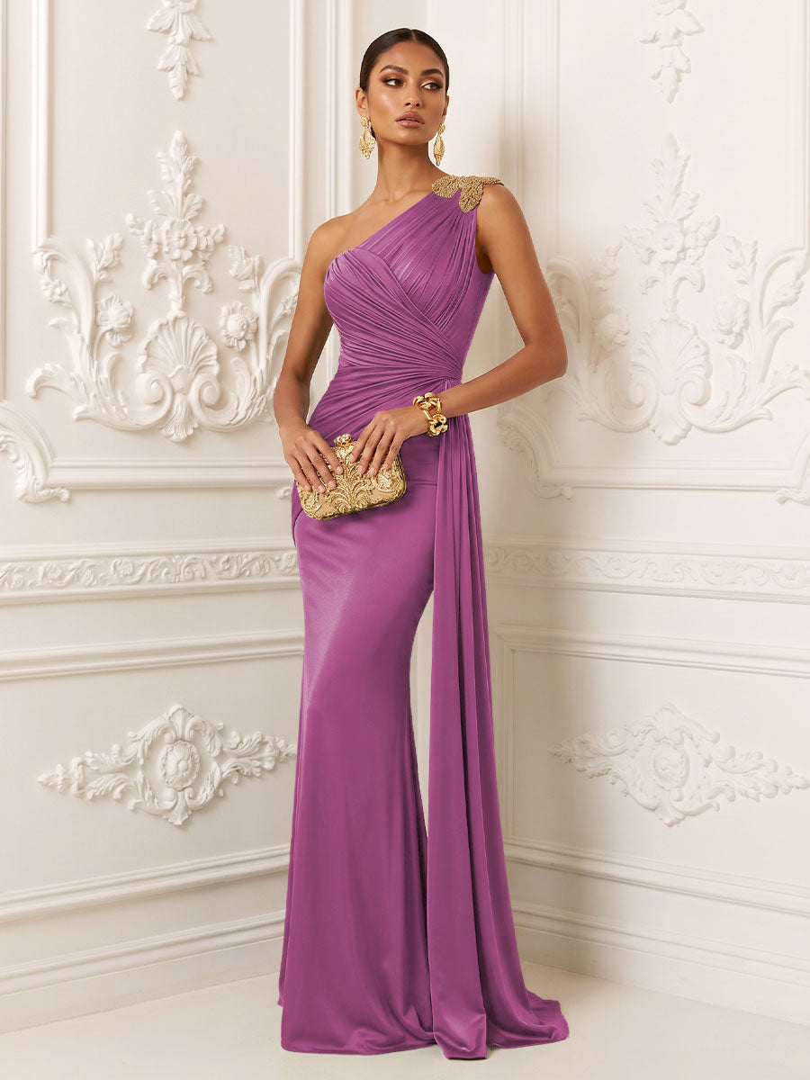 Satin Mermaid One Shoulder Ruched Draped Sash Evening Dresses