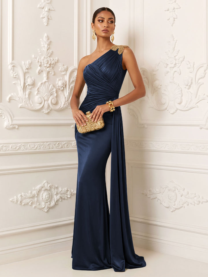 Satin Mermaid One Shoulder Ruched Draped Sash Evening Dresses