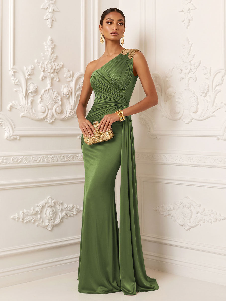 Satin Mermaid One Shoulder Ruched Draped Sash Evening Dresses