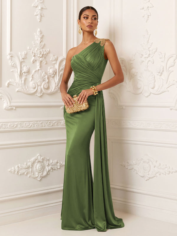 Satin Mermaid One Shoulder Pleats Ruffles Evening Dresses