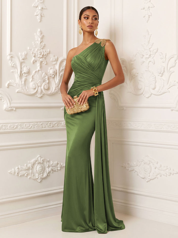 Satin Mermaid One Shoulder Ruched Draped Sash Evening Dresses