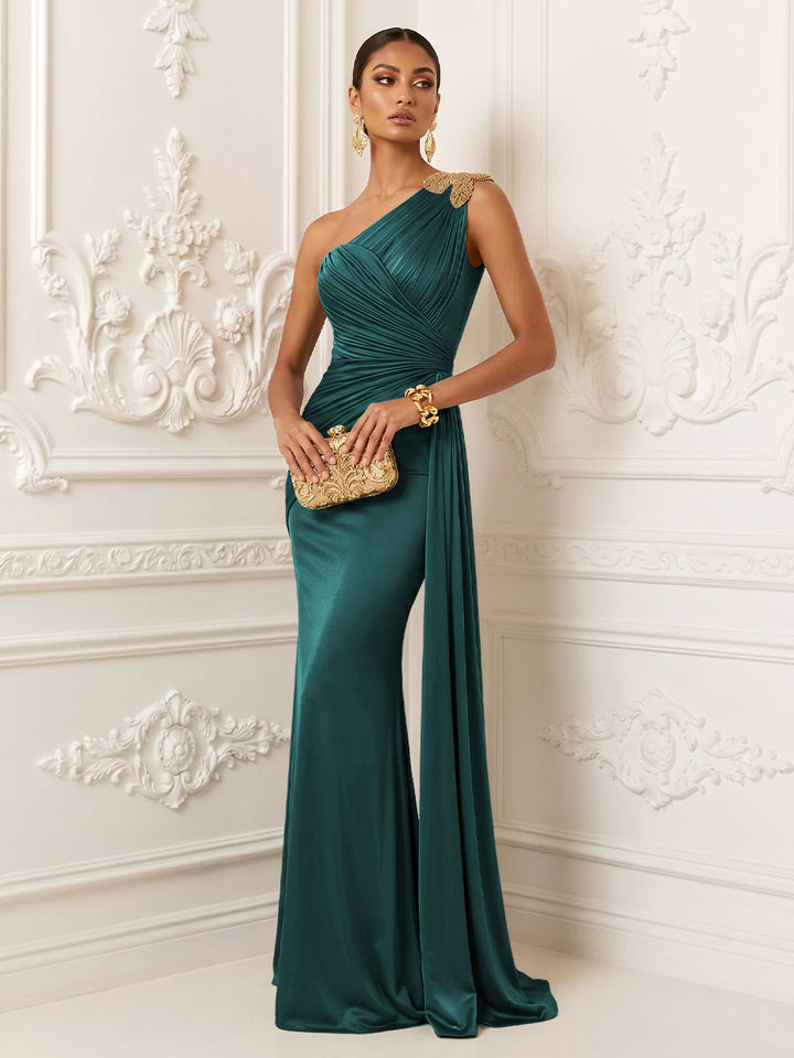 Satin Mermaid One Shoulder Ruched Draped Sash Evening Dresses