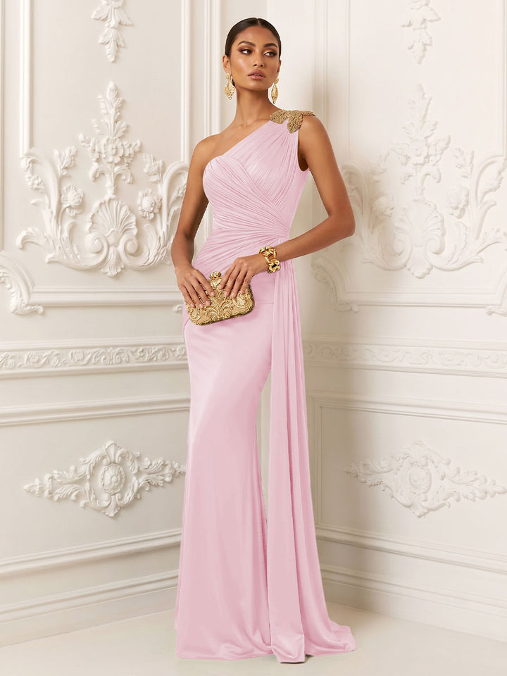 Satin Mermaid One Shoulder Ruched Draped Sash Evening Dresses
