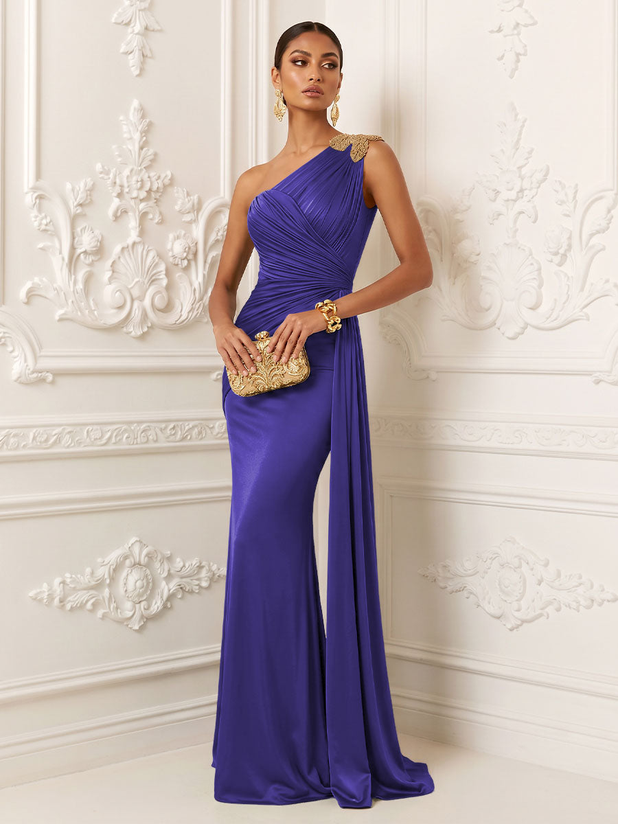 Satin Mermaid One Shoulder Ruched Draped Sash Evening Dresses