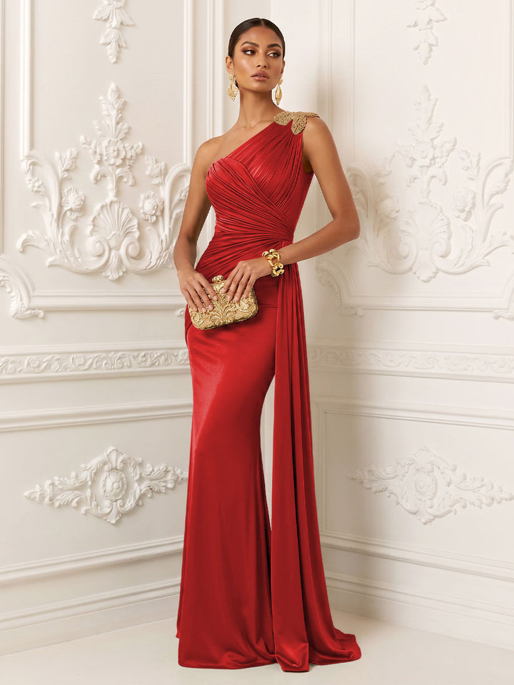 Satin Mermaid One Shoulder Ruched Draped Sash Evening Dresses