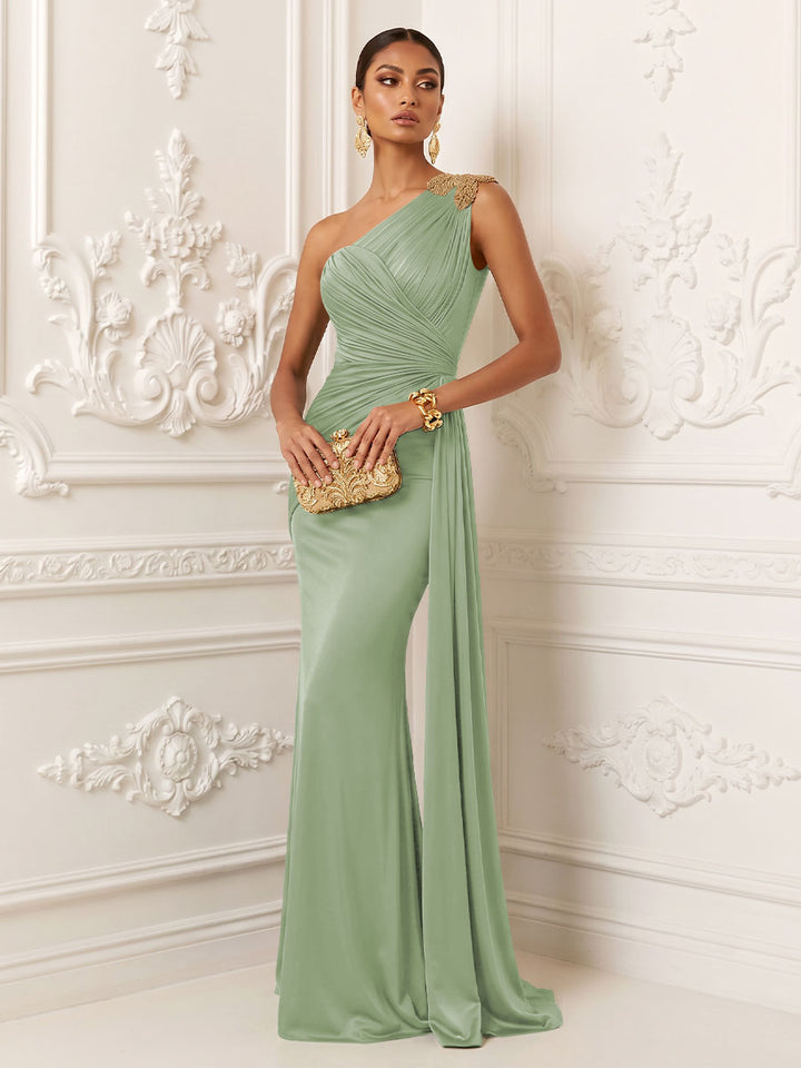 Satin Mermaid One Shoulder Ruched Draped Sash Evening Dresses