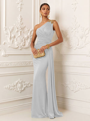 Satin Mermaid One Shoulder Pleats Ruffles Evening Dresses