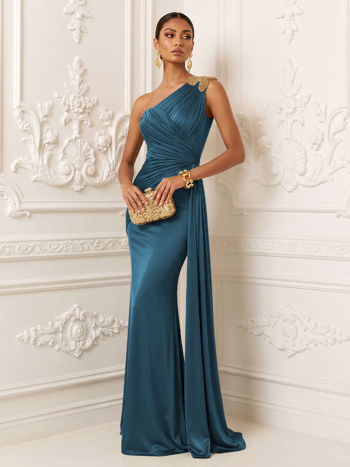 Satin Mermaid One Shoulder Ruched Draped Sash Evening Dresses