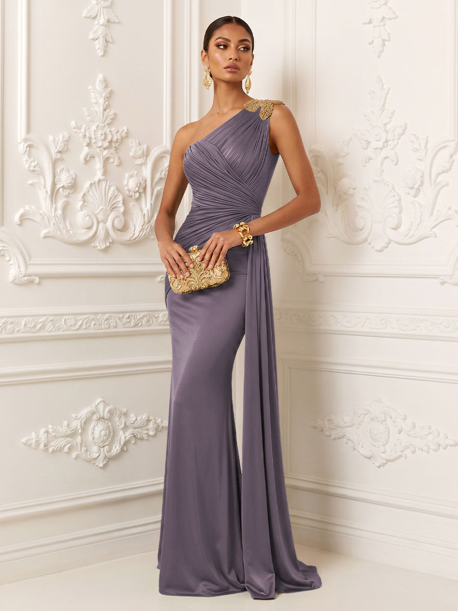 Satin Mermaid One Shoulder Ruched Draped Sash Evening Dresses