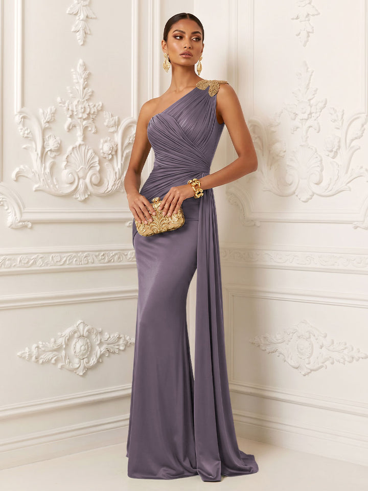Satin Mermaid One Shoulder Ruched Draped Sash Evening Dresses