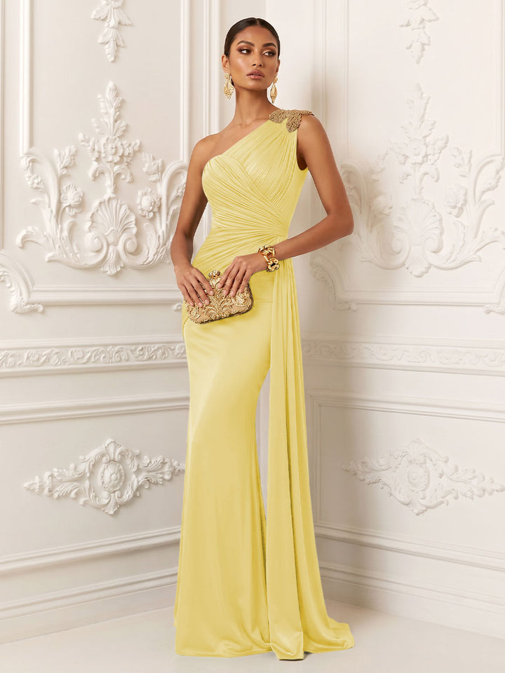 Satin Mermaid One Shoulder Ruched Draped Sash Evening Dresses