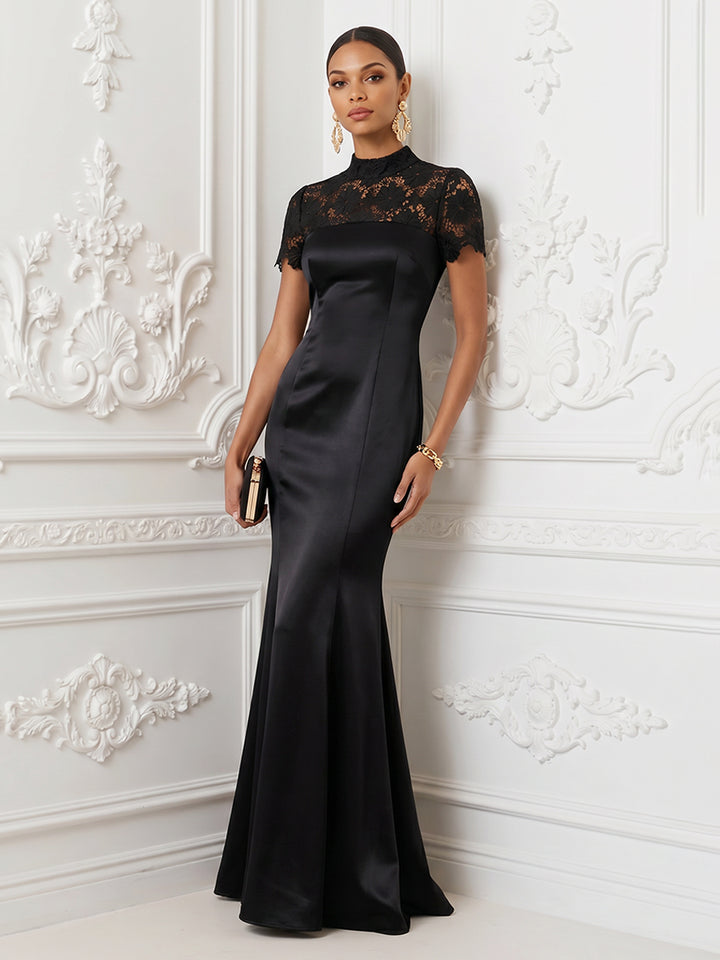 Satin Mermaid High Neck Lace Appliques Evening Dresses