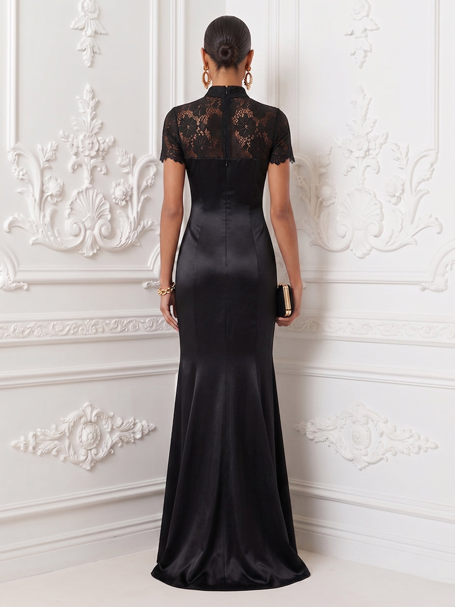 Satin Mermaid High Neck Lace Appliques Evening Dresses