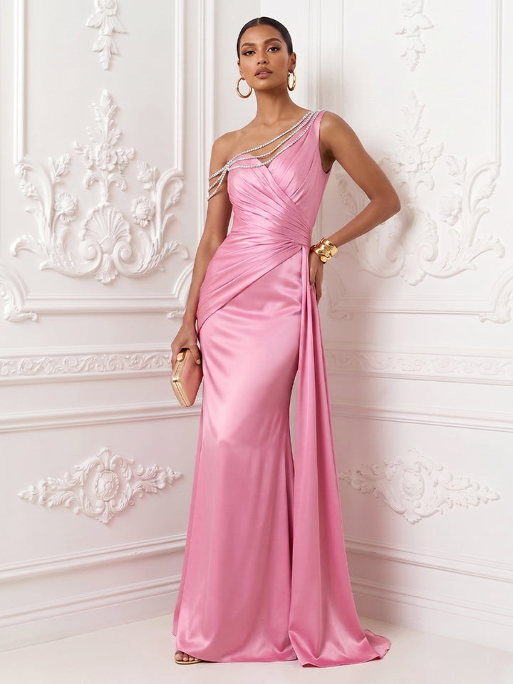 Satin Mermaid One Shoulder Ruched Evening Dresses with Beading