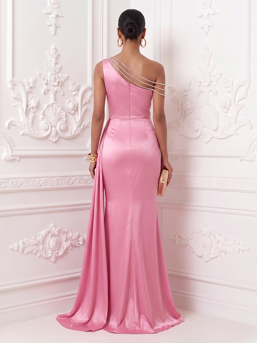 Satin Mermaid One Shoulder Ruched Evening Dresses with Beading
