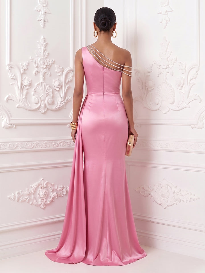 Satin Mermaid One Shoulder Ruched Evening Dresses with Beading