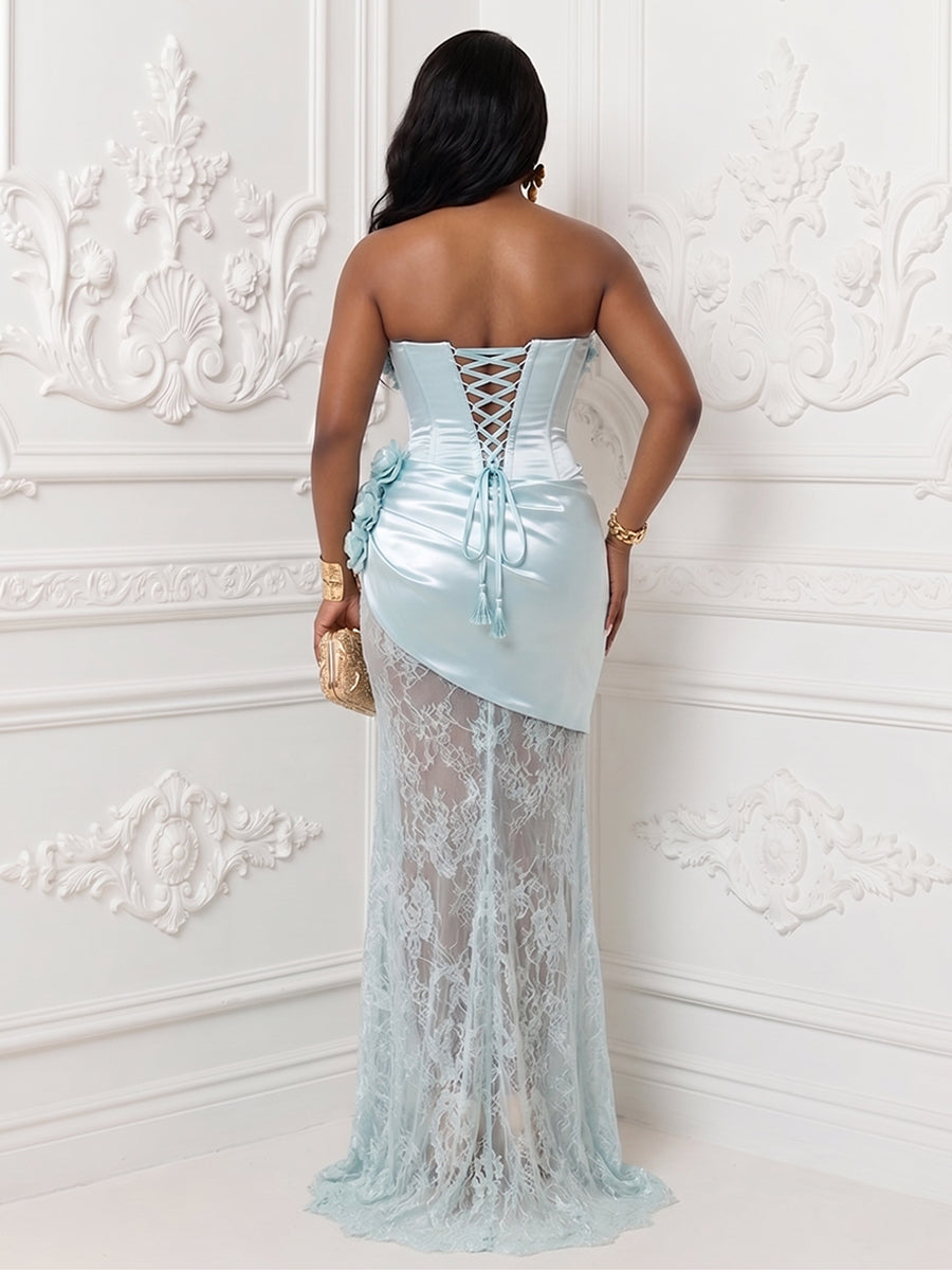 Satin Sheath Sweetheart Lace Corset Evening Dresses with 3D Flowers