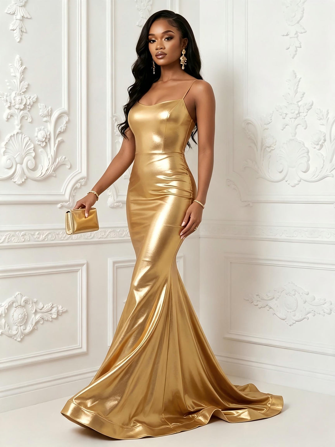 Metallic Satin Mermaid Square Neck Spaghetti Straps Backless Evening Dresses