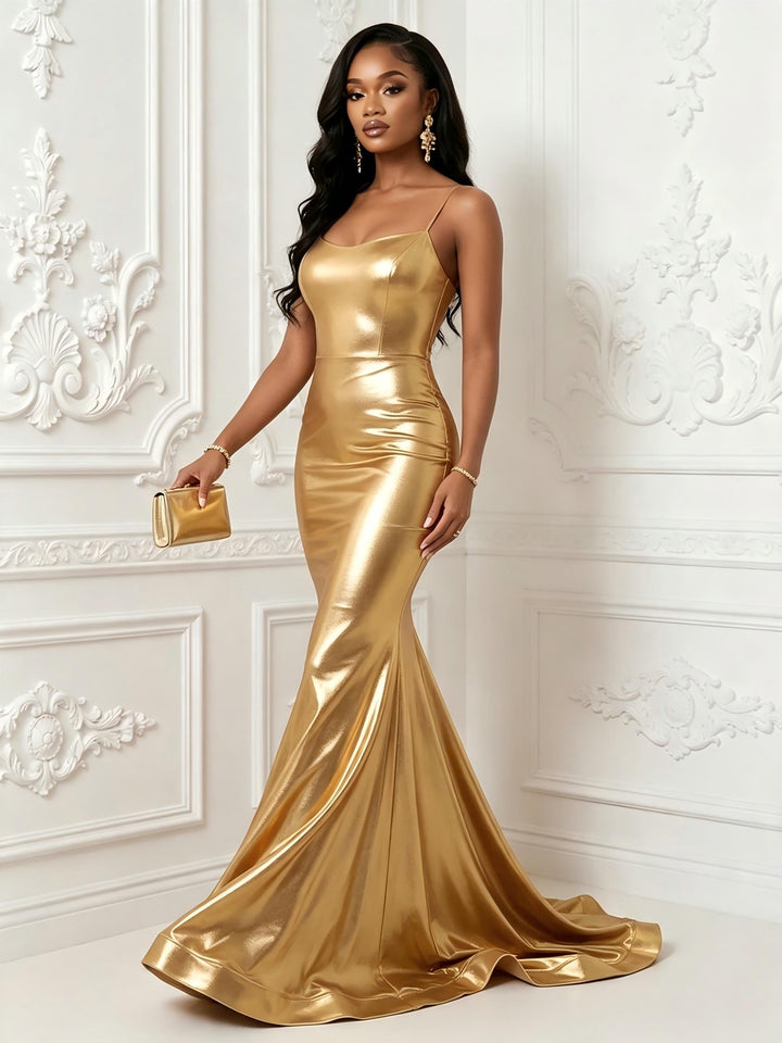 Metallic Satin Mermaid Square Neck Spaghetti Straps Backless Evening Dresses