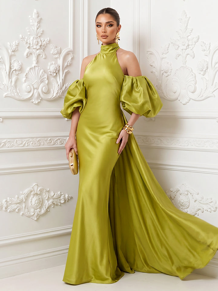 Satin Mermaid High Neck Puff Sleeves Evening Dresses with Draped Sash