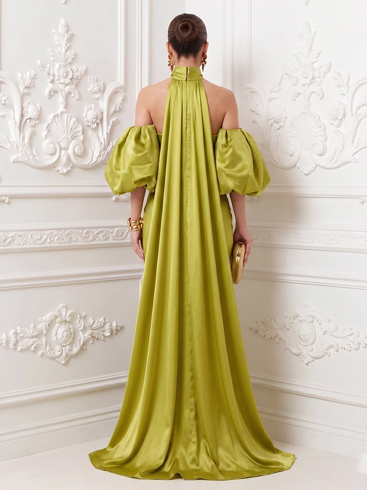 Satin Mermaid High Neck Puff Sleeves Evening Dresses with Draped Sash