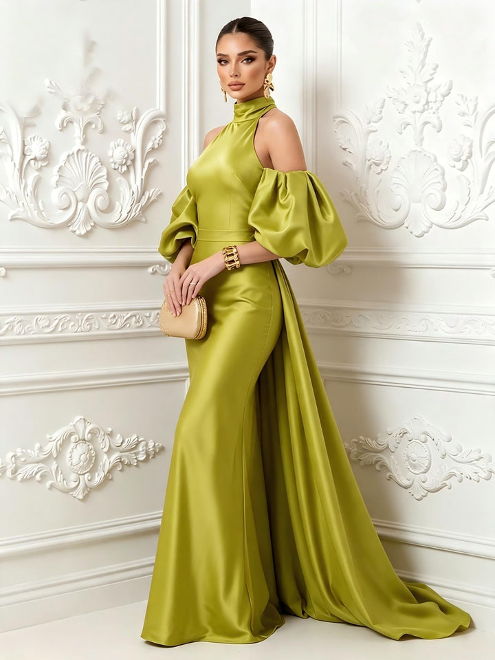 Satin Mermaid High Neck Puff Sleeves Evening Dresses with Draped Sash