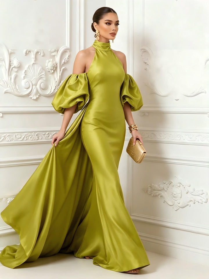 Satin Mermaid High Neck Puff Sleeves Evening Dresses with Draped Sash