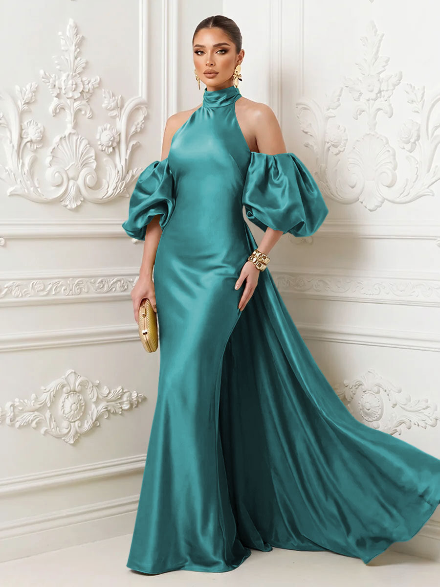 Satin Mermaid High Neck Puff Sleeves Evening Dresses with Draped Sash
